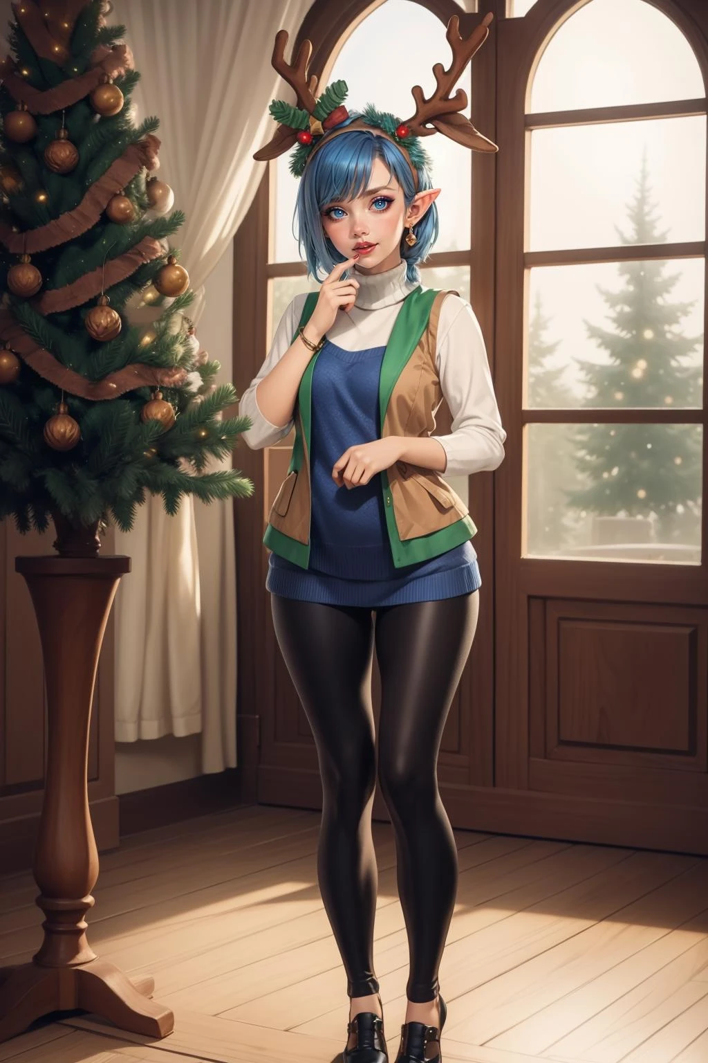woman, solo, headband, bow, mistletoe, beautiful, high quality, (full body), highres, best quality, (pointy ears), indoors, workshop, BREAK ((blue clothing)), (bright cerulean turtleneck), (blue vest), high detail, soft lighting, (beryl shiny ornaments), stup1dantl3rs, fake antlers, blue hair, leggings, jingle bell earrings, jingle bell, <lora:stupidantlers:1>