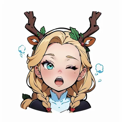 1girl, elsa frozen, solo, high quality, highres, best quality,,stup1dantl3rs, fake antlers, <lora:stupidantlers:0.9> ((snow)), (line art), ((cel shading)), flat colors, limited color palette, ((art by Hayao Miyazaki)) <lora:Style_ChibiEmote:1> open mouth, one eye closed,