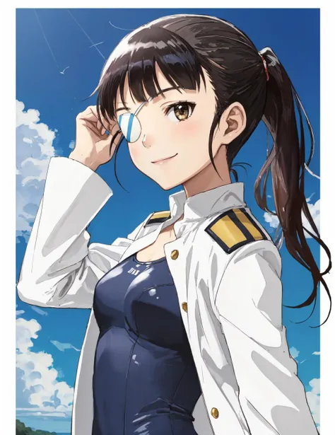 <lora:Sakamoto-10:1> Mio , 1Girl , Solo, eyepatch , ponytail , portrait , military uniform , swimsuit under clothes , smile , sky background , border ,