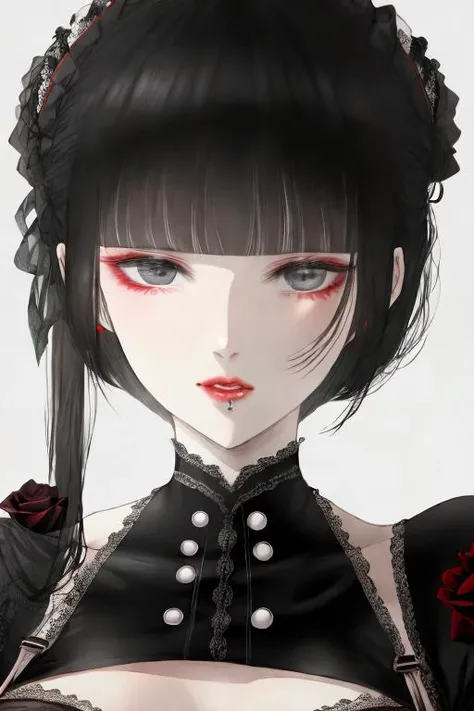 portrait,looking at viewer,1girl,black hair,grey_eyes,gothic,rose,white background,(monochrome:0.8) <lora:Kei_Satsuki_v2-000011:1>