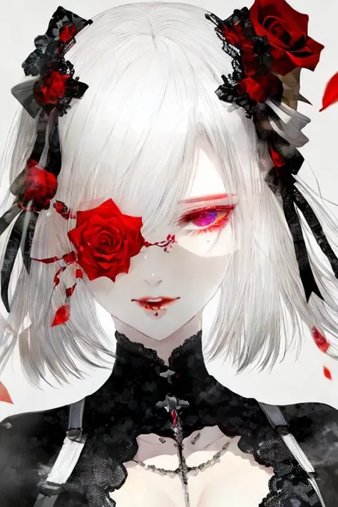1girl,white hair,red_eyes,gothic,rose,white background,(monochrome:0.8) <lora:Kei_Satsuki_v2-000011:1>