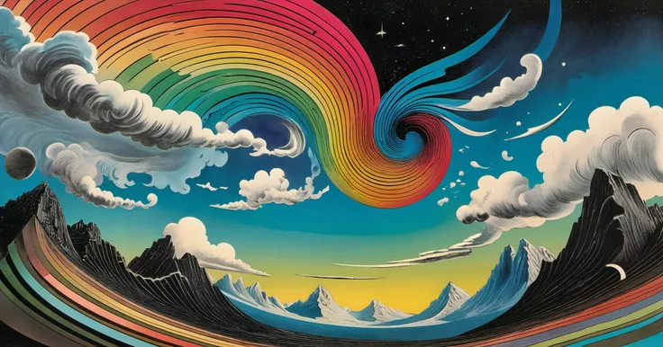 psychedelic, a gradient skyscape of winds, clouds with faces blowing air, in the sky, motion, swirling, (gravitational abstraction through layered parallel dimensions:2.5), symbolism, ancient future, bringer of change, demolisher of worlds, in motion, <lora:19thcenturypsichedelyc-10:0.6> <lora:Hiroshi_Nagai_XL-000004:0.5>