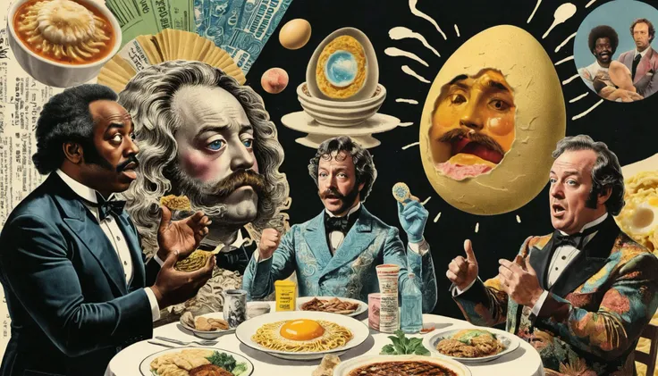 3D, layered collage, mixed media, 19th century Victorian psychedelic, 7-RetroDigital, Reginald VelJohnson applauding Kenny Omega for defeating ramen noodle man at pro wrestling whilst Conrad Bain grieves Gary Coleman only making it halfway through hatching from an ral-grilled egg. eggceptional detail, text "COOL GUYS", <lora:19thcenturypsichedelyc-10:0.75>, <lora:ral-grilled-sdxl:0.6>, <lora:Retro Digital v1.0:0.5>
