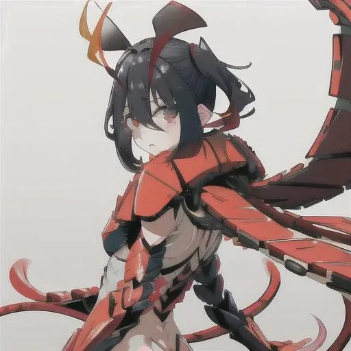 (8k uhd, masterpiece, best quality, high quality, absurdres, ultra-detailed, detailed background), yomotsuki_hinako, 1girl, solo, looking at viewer, simple background, (black:1.1) hair, (gradient:1.2) hair, red hair, white background, hair between eyes, tail, armor, crack, hatching (texture), red eyes, maks, arthropod girl, arthropod limbs, antennae, <lora:yomotsuki_hinako:1>