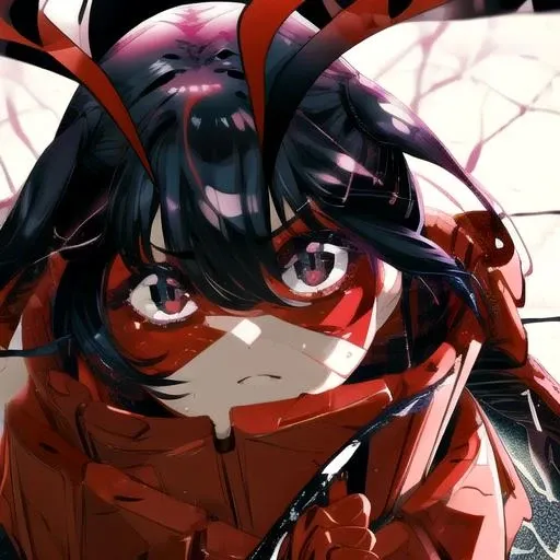 (masterpiece:1.1), (best quality:1.1), 1girl, Real light and shadow, anime face, 4k, 8k, wallpaper, epic, detail texture, (8k uhd, masterpiece, best quality, high quality, absurdres, ultra-detailed, detailed background), <lora:yomotsuki_hinako-vs2:1> yomotsuki hinako, 1girl, solo, black hair, red eyes, hair between eyes, armor, antennae, bangs, arthropod girl, twintails, red armor, arthropod limbs, short hair