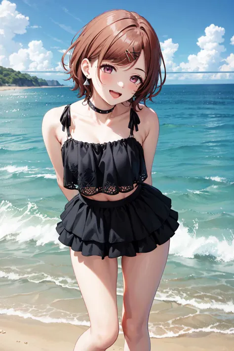 masterpiece,best quality,highres,ultra-detailed,ccmadoka,(mole under eye:0.8),short hair,bangs,hairclip,x hair ornament,earrings,black choker,medium breasts,swimsuit,black bikini,frilled bikini,barefoot,<lora:higuchi_madoka:0.9>,standing,ocean,:d,leaning_forward,arms_behind_back,