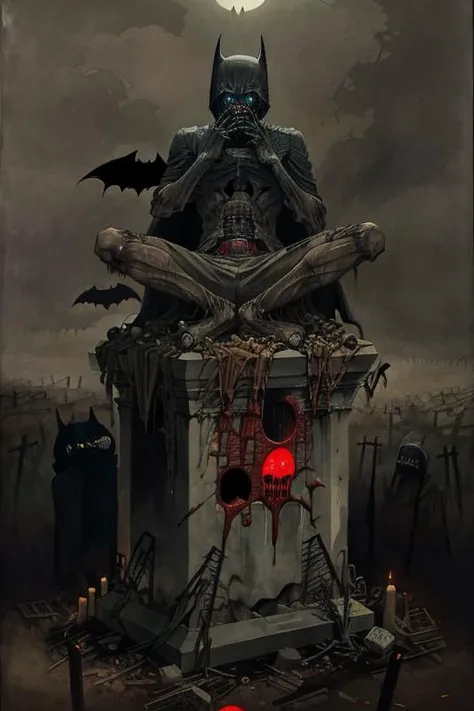 batman, grave, decomposed, rotten, disturbing, nightmare, creepy, horror, by zdzislaw beksinski