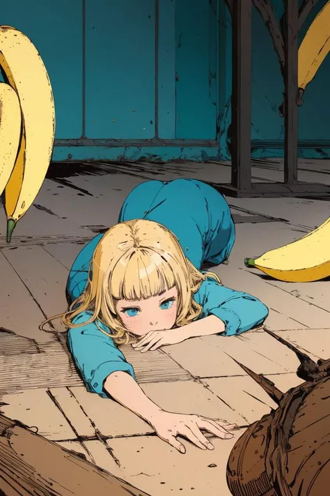 blonde schoolgirl laying on the ground surounded by banana, by kilian eng