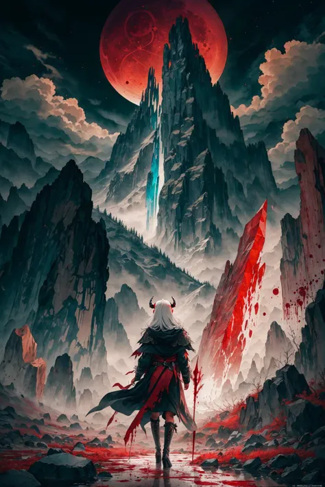 apocalyptic landscape, shattered, crystals, blood moon, cataclysm, 1girl, solo, white_hair, red_eyes, glowing_eyes, horns, night, dark, energy, <lora:ink-0.1-3-b28-bf16-D128-A1-1-ep64-768-DAdaptation-cosine:.5>