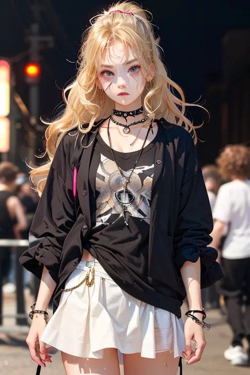 yohji fashion style, (1girl), medium breasts, tan, dewy skin, sweaty skin, wavy blonde hair, punk girl