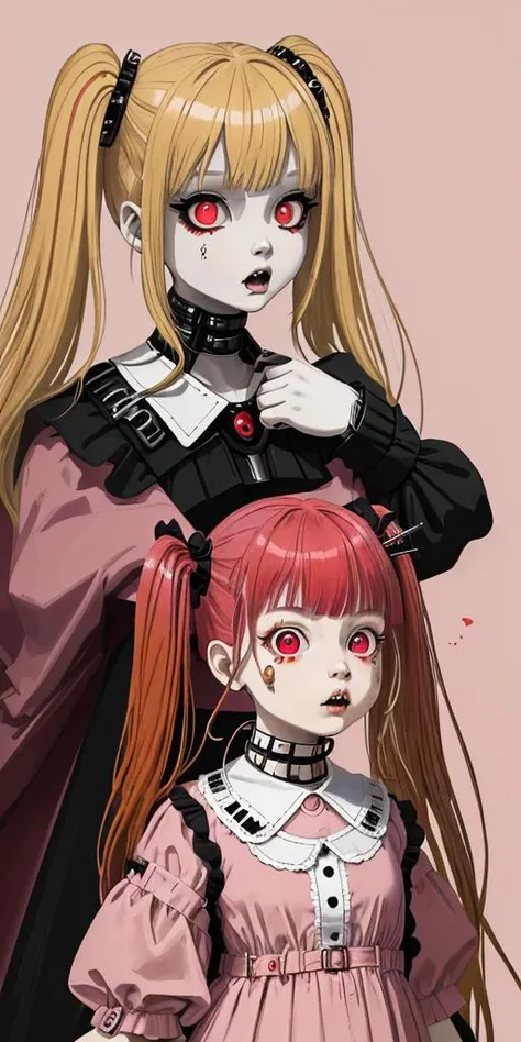 dystopianx style, flat color, 1girl, cute, child, pink dress, vampire fang, (red hair), 8k, incredibly absurdres, blonde, detailed pupils, hair pin, twintails, 8k, masterpiece, trending on artstation