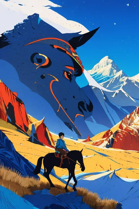 kid with horse, mountain, blue sky, titan, by kilian eng