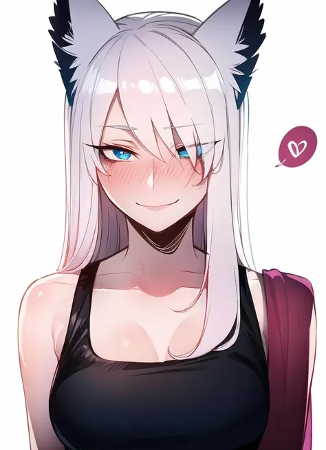 girl, white hair, feathered hair, long hair, gradient eyes, blue eyes, upper body, perfect skin, perfect lighting, simple white background, seductive smile, cat_ears, loose fitting crop top, sleeveless, extremely detailed eyes, collarbone, skinny, slim, long eyelashes,  simple background, white background, solo, 1girl, cheek blush, spoken heart, skin blush, 
 <lora:homebrew_ratatatat_new:0.8>