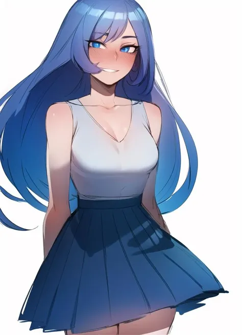 girl, blue hair, braid, gradient eyes, blue eyes, loose t shirt, white shirt, pleated skirt, perfect skin, perfect lighting, simple white background, seductive smile, sleeveless, extremely detailed eyes, collarbone, skinny, slim, long eyelashes, simple background, white background, solo, 1girl, cheek blush, skin blush, arms_behind_back, medium breasts, halterneck, standing, thighs,
sketch lines, drawing, line art, shading,
jinx_\(league_of_legends\),
<lora:jinxLeagueOfLegends_v10:1>,
<lora:homebrew_ratatatat_new:0.8>,