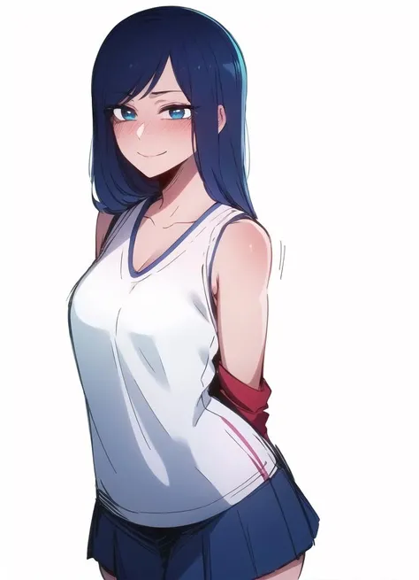 girl, blue hair, bangs, long hair, gradient eyes, blue eyes, loose t shirt, white shirt, pleated skirt, perfect skin, perfect lighting, simple white background, seductive smile, sleeveless, extremely detailed eyes, collarbone, skinny, slim, long eyelashes,  simple background, white background, solo, 1girl, cheek blush, skin blush, arms_behind_back, medium breasts, halterneck, standing, thighs, 
sketch lines, drawing, line art, shading, nejire, 
<lora:akane:0.8>, akane, 
 <lora:homebrew_ratatatat_new:0.8>,
