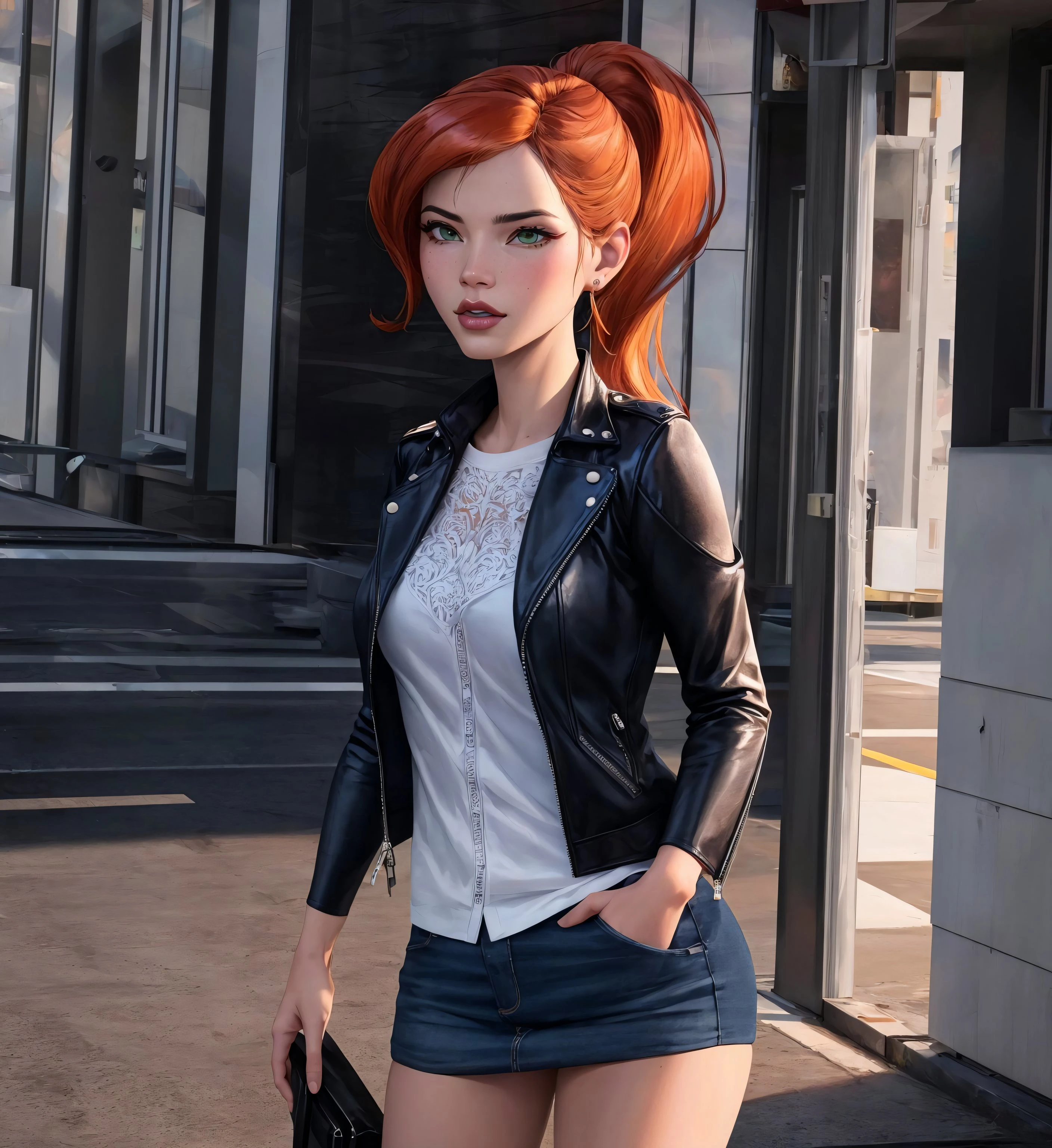 (masterpiece, vibrant colors, photorealistic, super realistic, hyperrealism, realism, high quality, 64k, uhd, extremely detailed, extremely intricate, professional)
BREAK
<lora:GwenUAF_Omniverse1.0:0.85> GwenUAF Omniverse, orange hair, green eyes, ponytail, model, leather jacket, jacket over shoulders, skirt,
BREAK
simple background