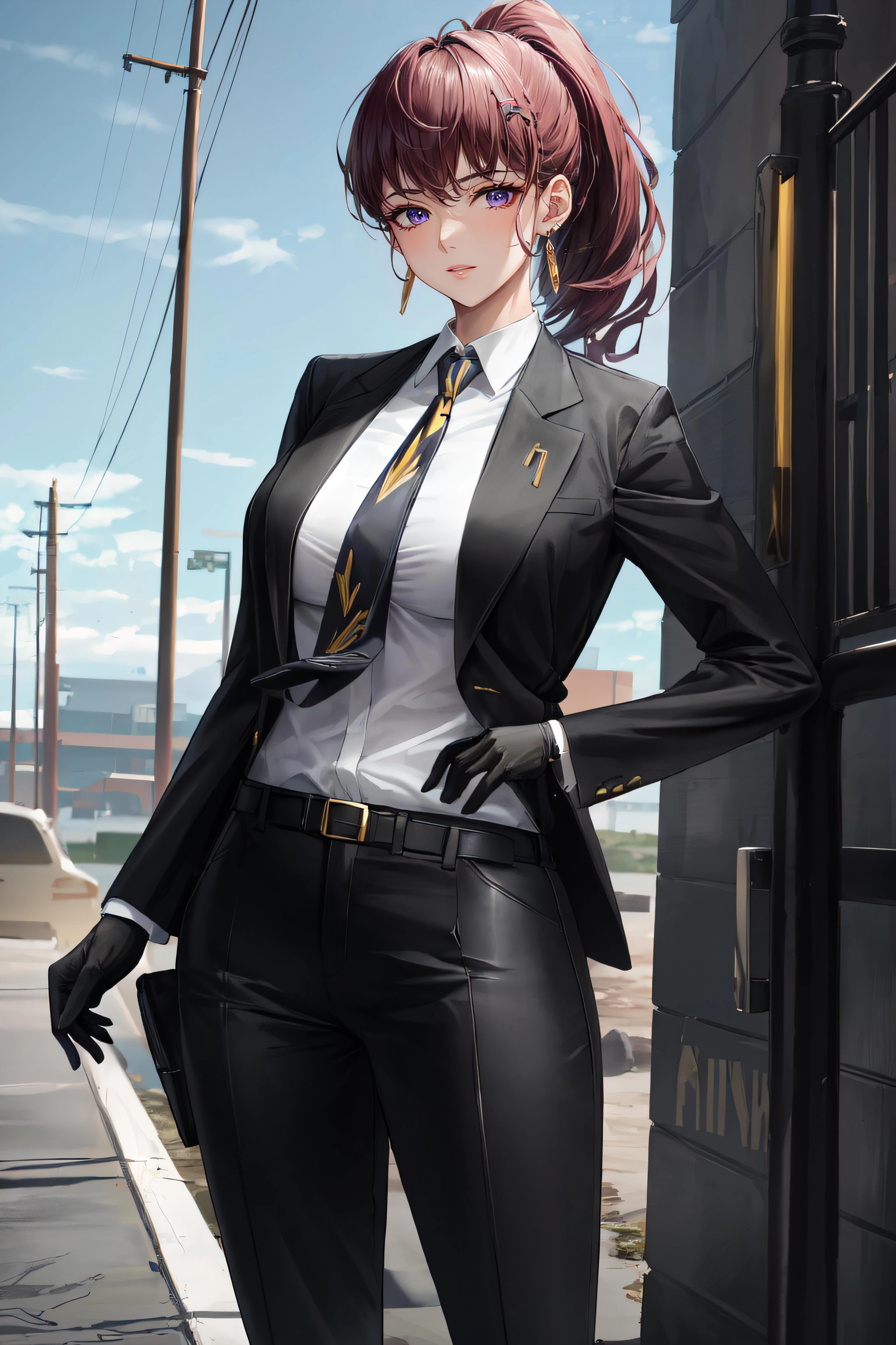 (masterpiece, best quality, ultra detailed, absurdres)1.5, 1girl, (sexy, beautiful woman, perfect face, perfect eyes, perfect female body, kkw-h-bb)1.5, (dolla \(nikke\), dolladef, suit, jacket, black gloves, black pants, necktie, black ankle boots, <lora:dolla-nikke-richy-v1:1>), (standing in the middle of a wasteland, science fiction), perfect lighting, smooth, hdr