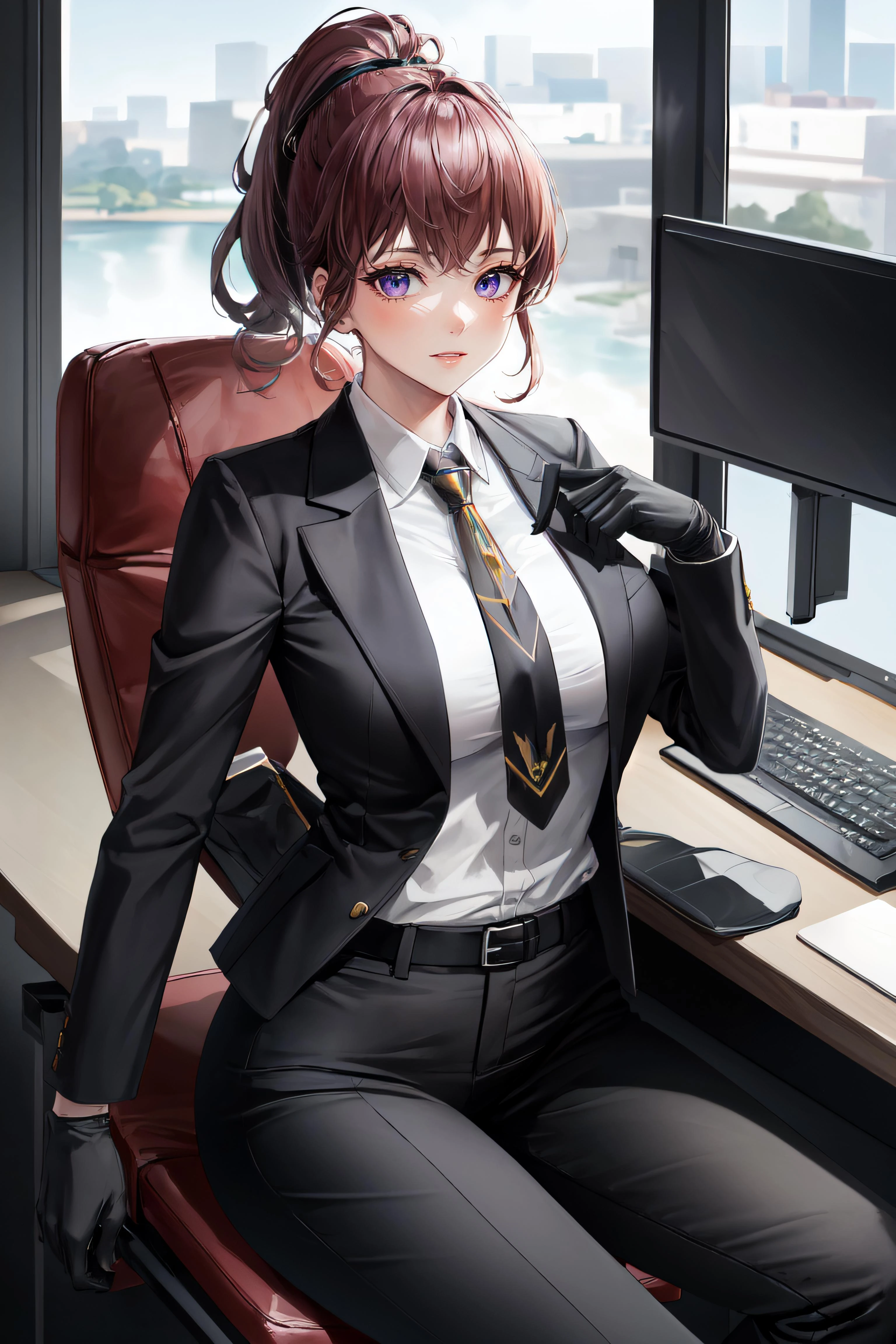 (masterpiece, best quality, ultra detailed, absurdres)1.5, 1girl, (sexy, beautiful woman, perfect face, perfect eyes, perfect female body, kkw-h-bb)1.5, (dolla \(nikke\), dolladef, suit, jacket, black gloves, black pants, necktie, black ankle boots, <lora:dolla-nikke-richy-v1:1>), (futuristic, sitting on an office chair inside an office), perfect lighting, smooth, hdr