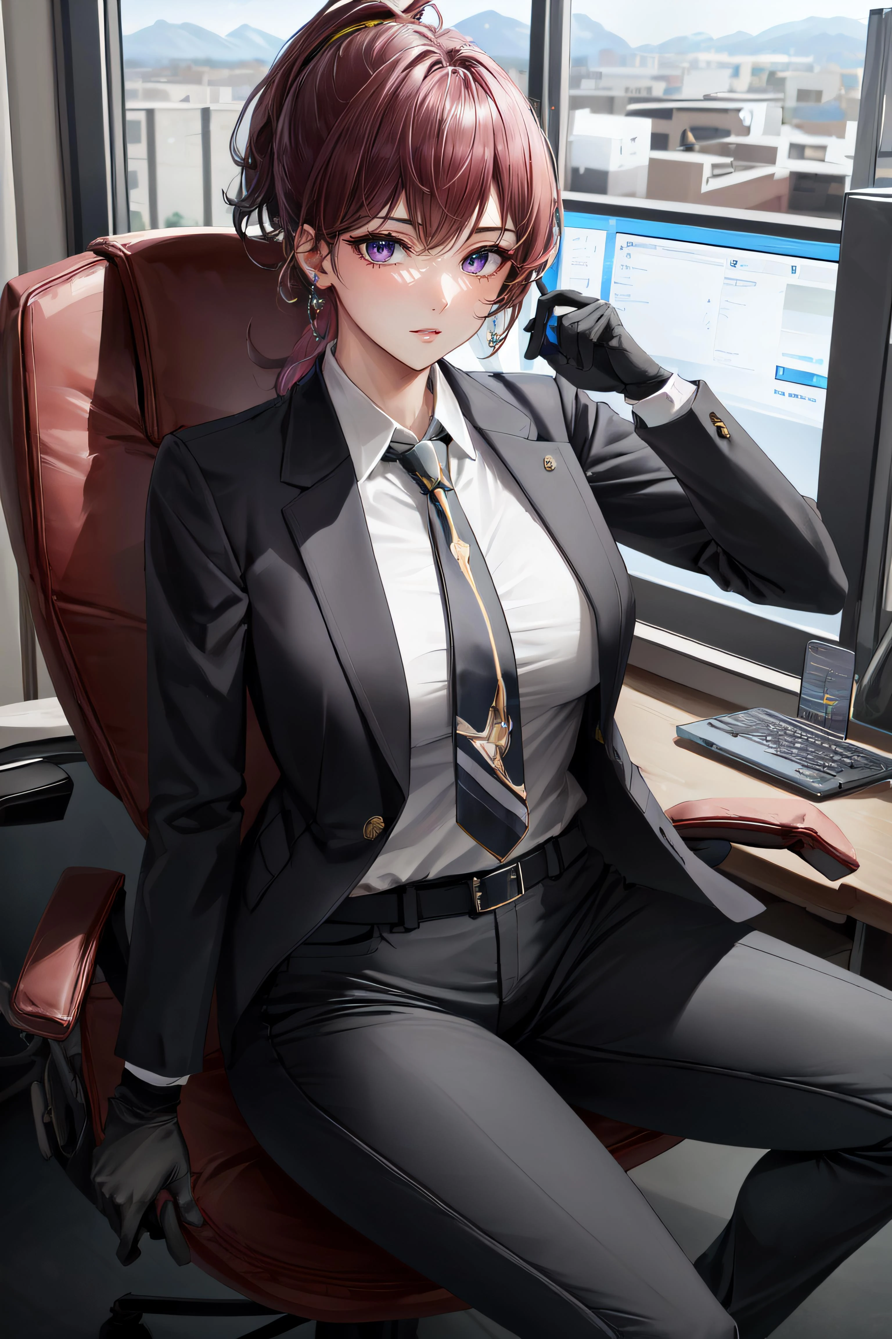 (masterpiece, best quality, ultra detailed, absurdres)1.5, 1girl, (sexy, beautiful woman, perfect face, perfect eyes, perfect female body, kkw-h-bb)1.5, (dolla \(nikke\), dolladef, suit, jacket, black gloves, black pants, necktie, black ankle boots, <lora:dolla-nikke-richy-v1:1>), (futuristic, sitting on an office chair inside an office), perfect lighting, smooth, hdr