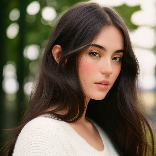 a woman, best quality, long dark brown hair, nikon d850 film stock photograph 4 kodak 400 camera f1.6 lens rich colors hyper realistic lifelike texture natural lighting trending on artstation cinestill 800, (100mm lens), mature face <lora:heyimbee_v3:1>