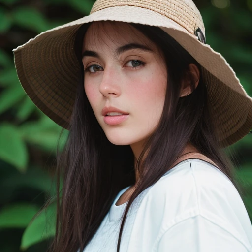 a woman, best quality, long dark brown hair, black bucket hat, nikon d850 film stock photograph 4 kodak 400 camera f1.6 lens rich colors hyper realistic lifelike texture natural lighting trending on artstation cinestill 800, (100mm lens), mature face <lora:heyimbee_v3:1>