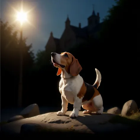 enhancing realism, light trail effect, echoing solidity, daybreak lighting, celestial beam, weatherworn stones, gentle radiance, divine influence, sculpted statue, basset hound hybrid, texture integration, seemingly caught midair motion minute highlights capture edge fidelity, signifying harmony with nature, distinctive attires   tailored coat, captivating highlights defining edges, enveloping subject with immersive backdrop
