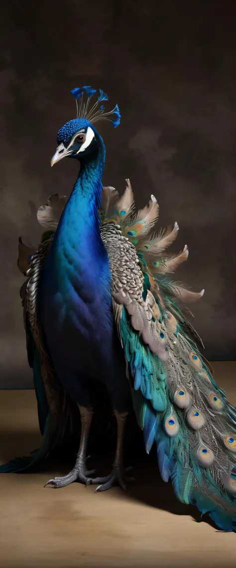 visual uniqueness, striking male peafowl, peafowl, diffused light, organic stature, hybrid thanos, diffused lighting, tentacle adaptation, color contrast, dark, back tentacles, emphasizing malecentric features, ethereal backdrop setting scene apart, subtly camouflaging with surroundings, echoing timeless elegance and commanding presence, traditional japaneseinspired kimono with dynamic patterns adorning character
