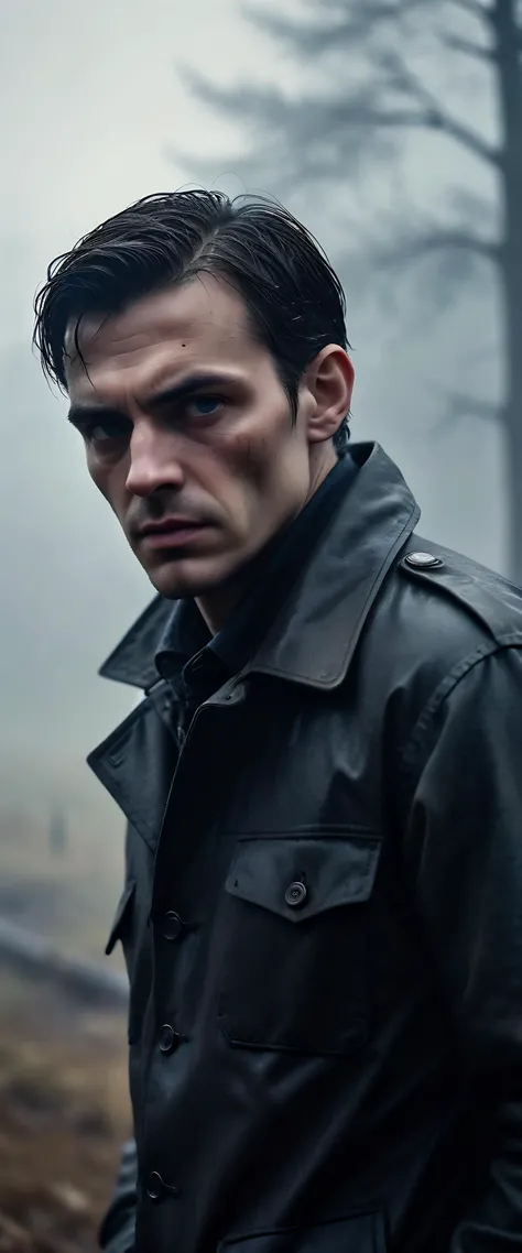 steadfast posture, drizzle characters, preparedness weapons, ominous surroundings, merging patterns with mist, blurring lines of reality, sharp corners, mascular men, intense daylight, unsettling ambiance, assertive facial features, steadfast posture echoing resilience amidst misty darkness, strong jawlines and deepset eyes, evoking horror photography themes, integrating his distinct storytelling with noirinfused, wall backdrop composed of eerie patterns