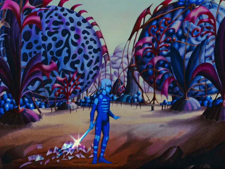 2d retro illustration, demon and Chronomancer's Time-lost Isle with silver jumpsuit and Electrostatic Dust Fields <lora:Fantastic_Planet_XL-000007:1.0> <lora:Fantastic_Planet_XL-000009:1.0>