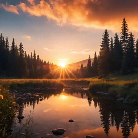 Generate your best picture of a majestic sunset landscape with rich colors, dynamic light, and shadows. Show me the most impressive features of nature in 8K UHD, DSLR quality, with a touch of film grain for an artistic touch and a subtle lens flare effect for added drama. Enhance the realism of the image by optimizing the texture of the landscape, the sky, and reflections in the water (factor 1.3). Design a background that enhances the atmosphere and immerses viewers into the scene
<lora:add-detail-xl:0.7>,