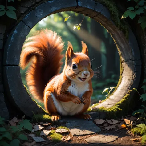(a squirrel emerges from a portal of another dimension:1.4), ((transporting the viewer into a surreal and fantastical world:1.3)). Illuminate the scene with a subtle otherworldly glow emanating from the portal, casting intriguing shadows around the area. Highlight the squirrel's presence with vivid colors and intricate details, emphasizing its transition from one realm to another. Infuse an element of mystery and magic by incorporating ethereal effects around the portal, creating a captivating and enchanting atmosphere,
((make the eyes more glowing)), ((make the teeth or fangz more real)), ((make the hair or fur more real)), ((make the effects more real)), ((make the light and shadow more realistic)), ((make the atmosphere more realistic:1.3)), ((make the background more interesting)), ((make the backround more realistic)),
<lora:xl_more_art-full_v1:0.8>, <lora:add-detail-xl:0.8>,