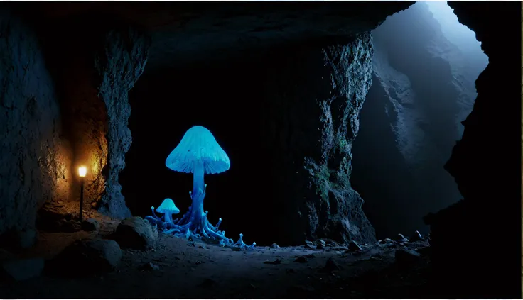 mountainous landscape, bioluminescent fungi, eerie atmosphere, derek boshier's style, crystalline formations, postapocalyptic setting, ruined structures, framed within an ominous cave entrance, a highly detailed image portraying the mystical twilek creature