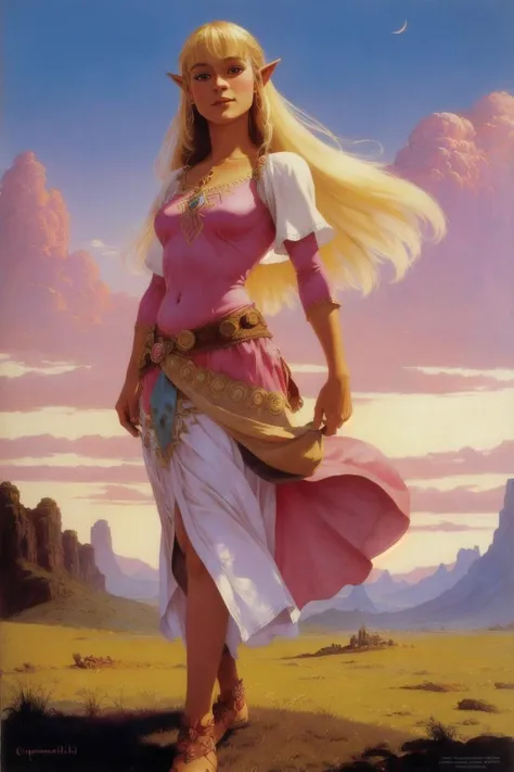 princess zelda, blonde hair, pink dress, fantasy art, portrait, cloud in background, full body(oil painting:1.2), illustration, by (Clyde caldwell, frank frazetta, Larry Elmore:1.2), best quality, full body, (beautiful eyes, detailed pupils:1.2), dark ambiance, dnd, best quality, masterpiece, <lora:zelda_sksw_v1:0.9>