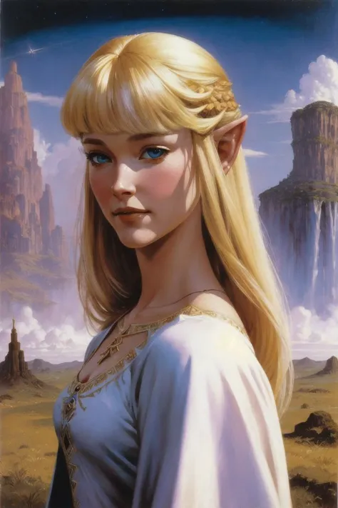 princess zelda, blonde hair, dress, fantasy art, portrait, cloud in background, (oil painting:1.2), illustration, by (Clyde caldwell, frank frazetta, Larry Elmore:1.2), best quality, full body, (beautiful eyes, detailed pupils:1.2), dark ambiance, dnd, best quality, masterpiece,  <lora:zelda_sksw_v1:0.8>