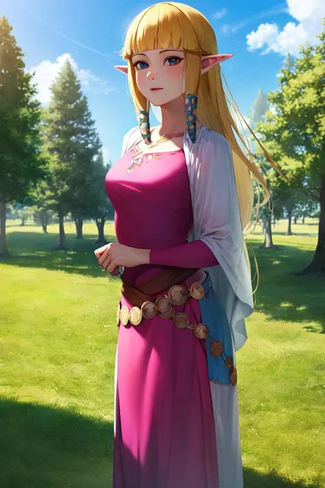 masterpiece, best_quality, 1girl, solo, princess zelda, the legend of zelda, nintendo, sksw, pink dress, outdoors,