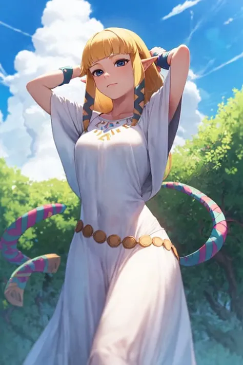 masterpiece, best_quality, 1girl, solo, princess zelda, the legend of zelda, nintendo, sksw, white dress, hair tubes, hair ribbon, outdoors, cloud,
