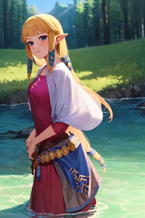 masterpiece, best_quality, 1girl, solo, princess zelda, the legend of zelda, nintendo, sksw, hair ribbon, lake, wading,
