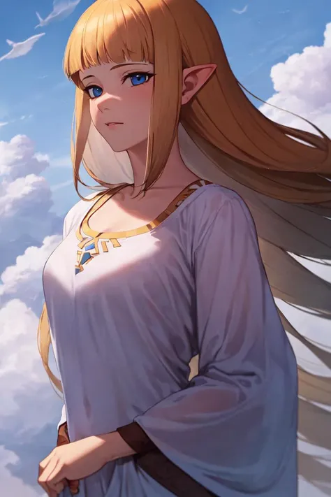 masterpiece, best_quality, 1girl, solo, princess zelda, the legend of zelda, nintendo, sksw, white dress, outdoors, cloud, cloudy sky,