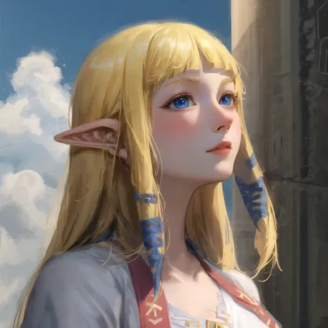 masterpiece, best_quality, 1girl, solo, princess zelda, the legend of zelda, nintendo, sksw, white dress, outdoors, cloud, obelisk, <lora:zeldaSkywardSword_zeldaSkswV1:1>, blonde hair, blue eyes