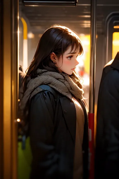 masterpiece,best quality,photorealistic,lifelike rendering,1girl,chestnut,cowboy shot,side view,evening,night shot,a girl inside a subway station,subway train passing behind her,motion blur,film grain:1.2,winter jacket,scarf,Radiant Comfort, Golden Hour, Cozy Ambiance
<lora:FilmVelvia3:0.6>