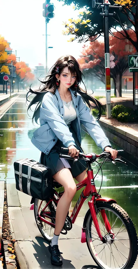 official art, unity 8k wallpaper, ultra detailed, beautiful and aesthetic, masterpiece,best quality, magnetic allure,
a schoolgirl riding a bicycle, just after school, about to meet her childhood friend, lush city park with full of trees, water puddles after the rain
matte painting, cinematic, cgsociety, colossal, by Hayao Miyazaki, Studio Ghibli, Makoto Shinkai