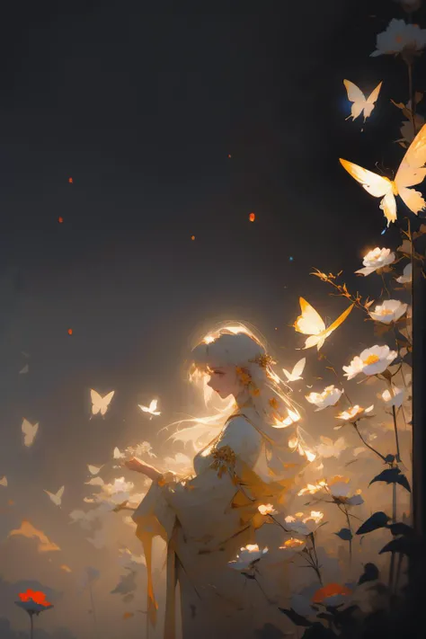 melancholy, midsummer,Moody, atmospheric, painterly, fine details, cinematic composition, soft lighting,nostalgic,evocative, hazy atmosphere, a sense of solitude,dreamlike atmosphere, roses,flower field,1girl,white long hair,light yellow eyes,butterfly style, <lora:beautifulDetailedEyes_v10:0.5><lora:butterfly:0.5:MIDD>