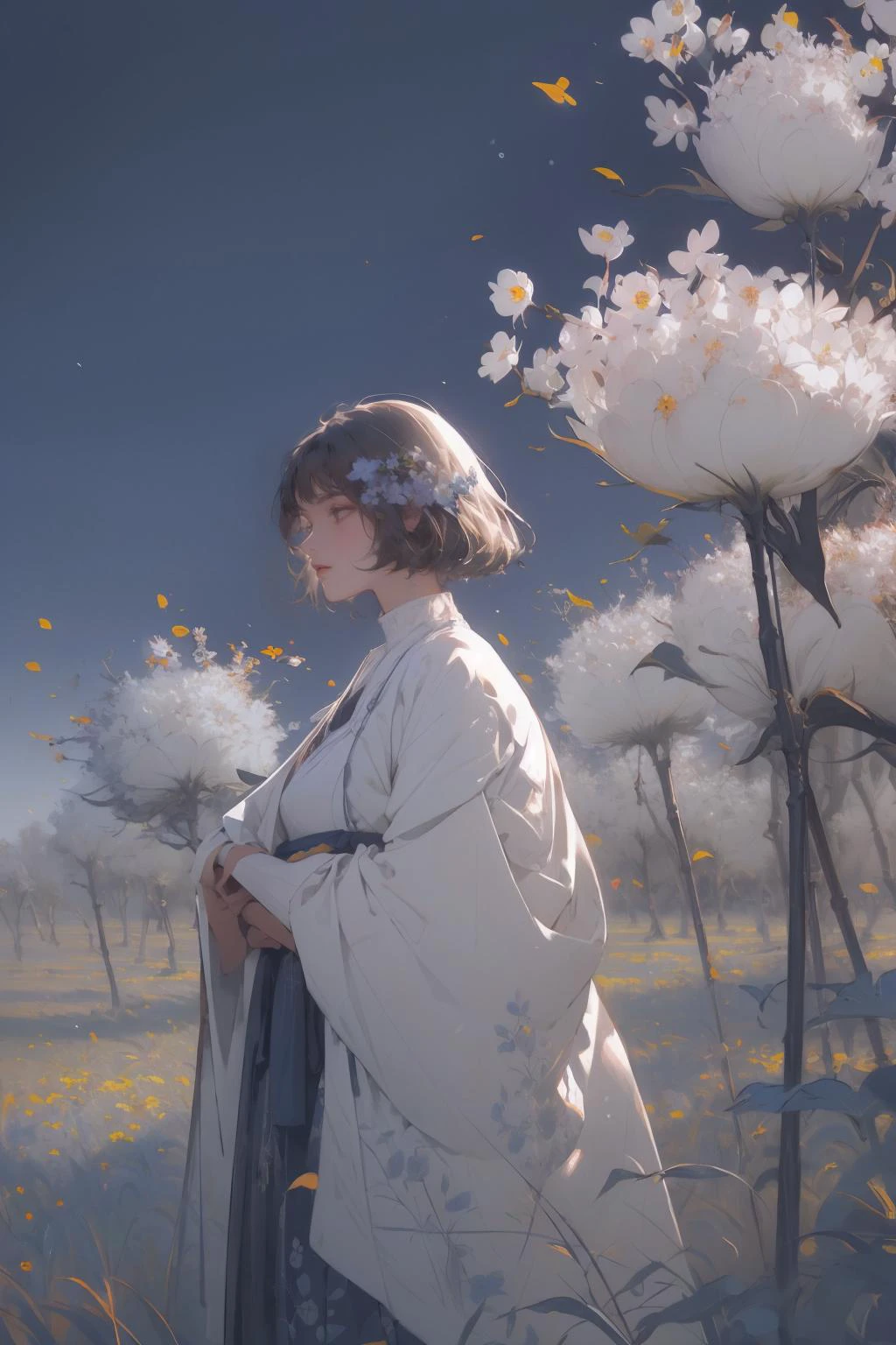 a melancholic autumn scene in a vast flower field,a gentle breeze rustling through the dry grass,fallen leaves scattered among the flowers, a bittersweet atmosphere, a moment of quiet contemplation,Soft and warm color palette,delicate brushwork, evocative use of light and shadow, subtle details in the wilting flowers, <lora:msw_locon:0.4><lora:Rackflowerv2:0.4>