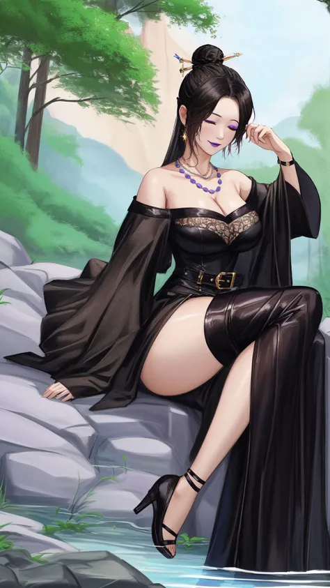 (highres, high quality:1.3),intricate details,vibrant image,sharpness,colorful,luluffx,mature female,1girl,solo,night sky,star \(sky\),sitting on rock,sleeping,stuffed toy,holding toy,smile,full body shot,near water,jungle,waterfall,black hair,single hair bun,(hair over one eye, one eye covered:1.1),lipstick,makeup,perfect face,closed eyes,detailed hair,purple necklace,off-shoulder dress,black dress,strapless,fur trim,(multiple belts:1.1),black thighhighs,high heel boots,curvy,large breasts,cleavage,<lora:LuluFFXCS2V3:0.85>,