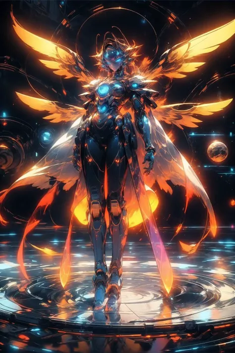 (8k,RAW photo,best quality, masterpiece:1.2),physically-based rendering,tyndall effect,surface reflection,looking at viewer,
(Mecha:1.1),full body,solo,large wings,scientific discoveries,pastel colors,scifi,space,moon,planet,
rainbow-candy,style-swirlmagic,
,<lora:universe:0.4>, <lora:HologramMecha:0.7>