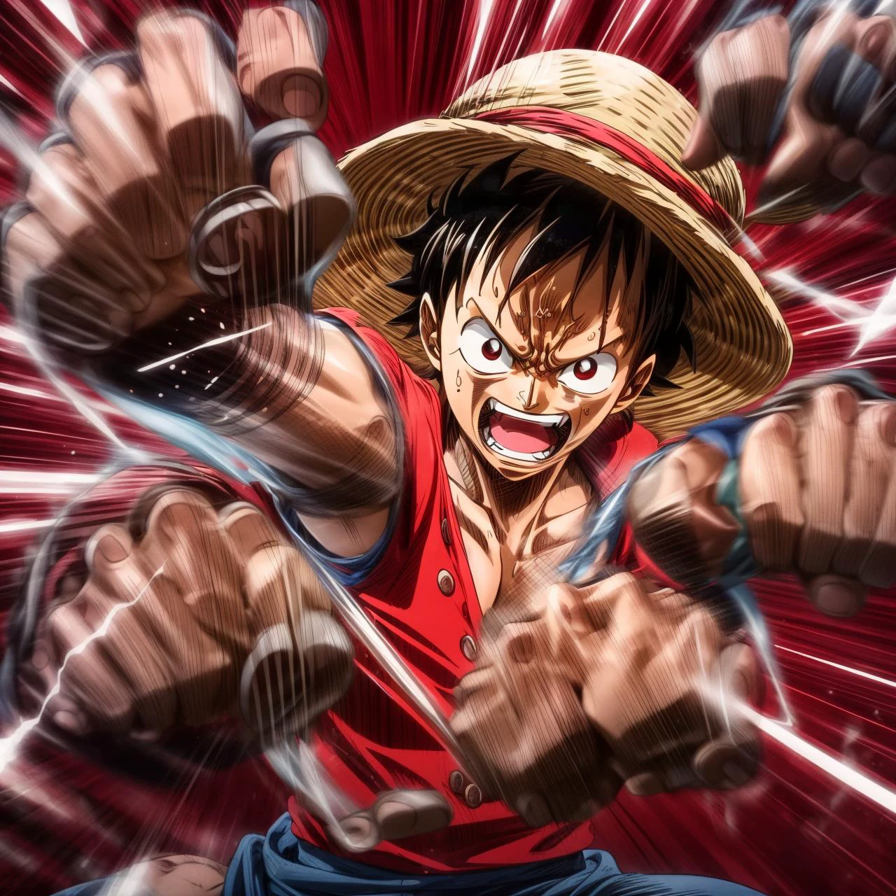 masterpiece, intricate detail, highly detailed, best quality, studio lighting, 4K, 8K,
OnePiece, Luffy, (straw hat:1.2), round eyes, black eyes, red top, sleeveless, buttonless, deep-v,
<lora:detail_slider_v4:1>,
<lora:add_detail:0.2>,
<lora:more_details:0.4>,
<lora:emotion_angry_slider_v1:1>,
<lora:rushpunch001:0.8>, rushpunch,, punching,, clenched hands,, too much,, multiple hands,, extra arms, , aura, , foreshortening,, incoming attack,, motion lines,, speed lines,, afterimage,, motion_blur,, energy, , glowing,
<lora:onepiece_wanostyle_2_offset:0.6>, wanostyle, monkey d luffy,