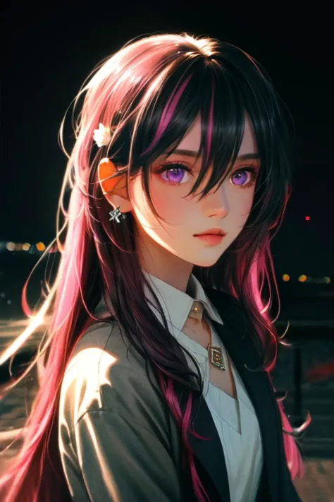 (8k, best quality, masterpiece:1.2),(best quality:1.0), (ultra highres:1.0), watercolor,
//
multicolored hair, pink hair, purple eyes, black hair, dress, colored inner hair, hair between eyes, white dress, brown jacket, two-tone hair, jewelry, long sleeves, x hair ornament, bangs, bracelet, very long hair, streaked hair, hairclip, <lora:AZKi_v10:0.4>,
//
sitting, night, dark background
//
by agnes cecile, half body portrait, extremely luminous bright design, pastel colors, (ink:1.3), autumn lights,
//
<lora:FilmVelvia3:0.6>