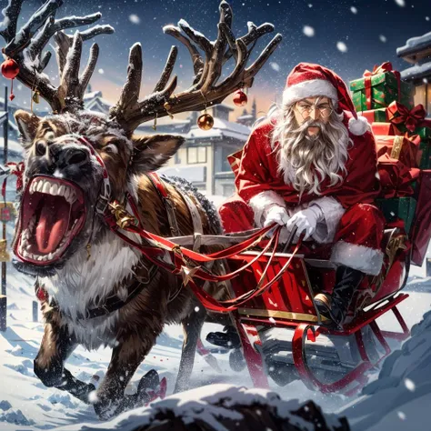 animal costume, antlers, aurora, bag, beard, bell, bobblehat, box, cake, candy cane, capelet, carrying over shoulder, christmas, christmas lights, christmas ornaments, christmas tree, deer ears, facial hair, fake antlers, fake facial hair, fake mustache, fireplace, fur-trimmed boots, fur-trimmed capelet, fur-trimmed dress, fur-trimmed gloves, fur-trimmed headwear, fur-trimmed shorts, fur-trimmed skirt, fur-trimmed sleeves, fur trim, gift, gift bag, gift box, gloves, hair bell, hat, holding sack, holly, jingle bell, merry christmas, neck bell, night, night sky, open mouth, ornament, over shoulder, pine tree, pom pom \(clothes\), red capelet, red gloves, red headwear, (extremely angry reindeer:1.4), reindeer antlers, reindeer costume, reins, rooftop, sack, santa bikini, santa boots, santa costume, santa dress, santa gloves, santa hat, sky, snow, snowflakes, snowing, snowman, star \(sky\), starry sky, tree, wreath