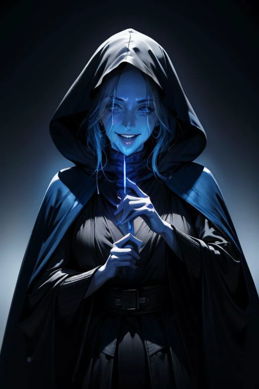 (8k, best quality, masterpiece:1.2),(best quality:1.0), (ultra highres:1.0), watercolor, a sexy laughing aroused old Sith lord, hooded StarWars Cape, erected wet, tounge Out, electric blue Hair, thigh, half body Portrait, extremely luminous bright design,