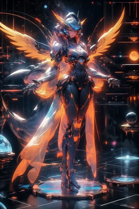 (8k,RAW photo,best quality, masterpiece:1.2),physically-based rendering,tyndall effect,surface reflection,looking at viewer,Crane Shot,
(Mecha:1.1),full body,solo,large wings,scientific discoveries,pastel colors,scifi,space,moon,planet,
rainbow-candy,style-swirlmagic,
,<lora:universe:0.4:bg>, <lora:HologramMecha:0.7>